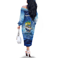 Mahi Mahi and Tuna Fish Family Matching Off The Shoulder Long Sleeve Dress and Hawaiian Shirt Fishing Ocean Water Background and Nautical Compass Elements - Wonder Print Shop