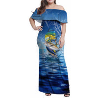Mahi Mahi and Tuna Fish Family Matching Off Shoulder Maxi Dress and Hawaiian Shirt Fishing Ocean Water Background and Nautical Compass Elements - Wonder Print Shop