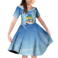 Mahi Mahi and Tuna Fish Family Matching Off Shoulder Short Dress and Hawaiian Shirt Fishing Ocean Water Background and Nautical Compass Elements - Wonder Print Shop