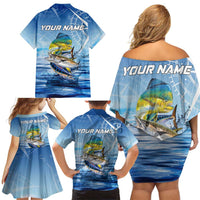 Mahi Mahi and Tuna Fish Family Matching Off Shoulder Short Dress and Hawaiian Shirt Fishing Ocean Water Background and Nautical Compass Elements - Wonder Print Shop