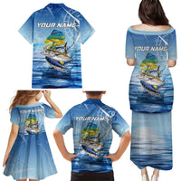 Mahi Mahi and Tuna Fish Family Matching Puletasi and Hawaiian Shirt Fishing Ocean Water Background and Nautical Compass Elements - Wonder Print Shop
