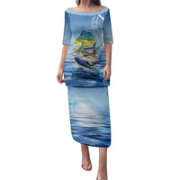 Mahi Mahi and Tuna Fish Family Matching Puletasi and Hawaiian Shirt Fishing Ocean Water Background and Nautical Compass Elements - Wonder Print Shop