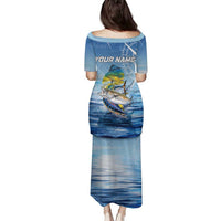 Mahi Mahi and Tuna Fish Family Matching Puletasi and Hawaiian Shirt Fishing Ocean Water Background and Nautical Compass Elements - Wonder Print Shop