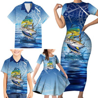 Mahi Mahi and Tuna Fish Family Matching Short Sleeve Bodycon Dress and Hawaiian Shirt Fishing Ocean Water Background and Nautical Compass Elements - Wonder Print Shop