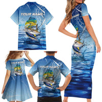 Mahi Mahi and Tuna Fish Family Matching Short Sleeve Bodycon Dress and Hawaiian Shirt Fishing Ocean Water Background and Nautical Compass Elements - Wonder Print Shop