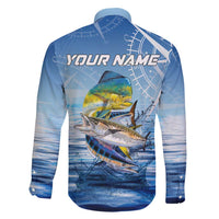 Mahi Mahi and Tuna Fish Family Matching Short Sleeve Bodycon Dress and Hawaiian Shirt Fishing Ocean Water Background and Nautical Compass Elements - Wonder Print Shop