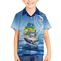 Mahi Mahi and Tuna Fish Family Matching Short Sleeve Bodycon Dress and Hawaiian Shirt Fishing Ocean Water Background and Nautical Compass Elements - Wonder Print Shop