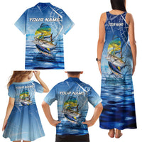 Mahi Mahi and Tuna Fish Family Matching Tank Maxi Dress and Hawaiian Shirt Fishing Ocean Water Background and Nautical Compass Elements - Wonder Print Shop