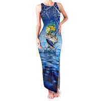 Mahi Mahi and Tuna Fish Family Matching Tank Maxi Dress and Hawaiian Shirt Fishing Ocean Water Background and Nautical Compass Elements - Wonder Print Shop