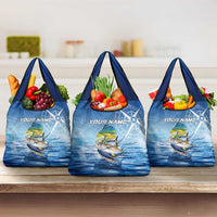 Mahi Mahi and Tuna Fish Grocery Bag Fishing Ocean Water Background and Nautical Compass Elements - Wonder Print Shop