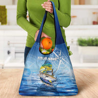 Mahi Mahi and Tuna Fish Grocery Bag Fishing Ocean Water Background and Nautical Compass Elements - Wonder Print Shop