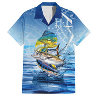 Mahi Mahi and Tuna Fish Hawaiian Shirt Fishing Ocean Water Background and Nautical Compass Elements - Wonder Print Shop