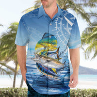 Mahi Mahi and Tuna Fish Hawaiian Shirt Fishing Ocean Water Background and Nautical Compass Elements - Wonder Print Shop