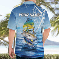 Mahi Mahi and Tuna Fish Hawaiian Shirt Fishing Ocean Water Background and Nautical Compass Elements - Wonder Print Shop