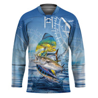Mahi Mahi and Tuna Fish Hockey Jersey Fishing Ocean Water Background and Nautical Compass Elements - Wonder Print Shop