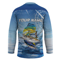 Mahi Mahi and Tuna Fish Hockey Jersey Fishing Ocean Water Background and Nautical Compass Elements - Wonder Print Shop