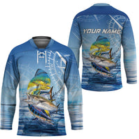 Mahi Mahi and Tuna Fish Hockey Jersey Fishing Ocean Water Background and Nautical Compass Elements - Wonder Print Shop
