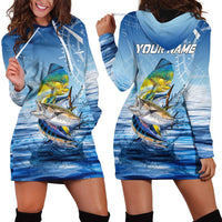 Mahi Mahi and Tuna Fish Hoodie Dress Fishing Ocean Water Background and Nautical Compass Elements - Wonder Print Shop