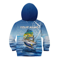 Mahi Mahi and Tuna Fish Kid Hoodie Fishing Ocean Water Background and Nautical Compass Elements - Wonder Print Shop