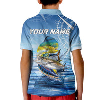 Mahi Mahi and Tuna Fish Kid Polo Shirt Fishing Ocean Water Background and Nautical Compass Elements - Wonder Print Shop