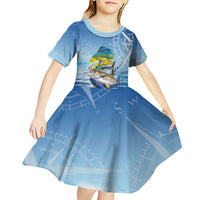 Mahi Mahi and Tuna Fish Kid Short Sleeve Dress Fishing Ocean Water Background and Nautical Compass Elements - Wonder Print Shop