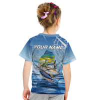 Mahi Mahi and Tuna Fish Kid T Shirt Fishing Ocean Water Background and Nautical Compass Elements - Wonder Print Shop