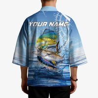 Mahi Mahi and Tuna Fish Kimono Fishing Ocean Water Background and Nautical Compass Elements - Wonder Print Shop