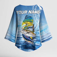 Mahi Mahi and Tuna Fish Kimono Sleeve Blouse Fishing Ocean Water Background and Nautical Compass Elements - Wonder Print Shop