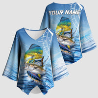 Mahi Mahi and Tuna Fish Kimono Sleeve Blouse Fishing Ocean Water Background and Nautical Compass Elements - Wonder Print Shop