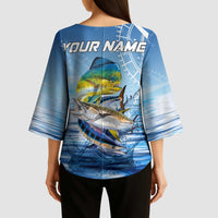 Mahi Mahi and Tuna Fish Kimono Sleeve Blouse Fishing Ocean Water Background and Nautical Compass Elements - Wonder Print Shop