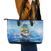 Mahi Mahi and Tuna Fish Leather Tote Bag Fishing Ocean Water Background and Nautical Compass Elements - Wonder Print Shop