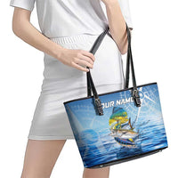 Mahi Mahi and Tuna Fish Leather Tote Bag Fishing Ocean Water Background and Nautical Compass Elements - Wonder Print Shop