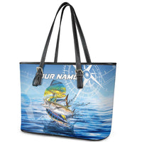 Mahi Mahi and Tuna Fish Leather Tote Bag Fishing Ocean Water Background and Nautical Compass Elements - Wonder Print Shop