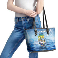 Mahi Mahi and Tuna Fish Leather Tote Bag Fishing Ocean Water Background and Nautical Compass Elements - Wonder Print Shop