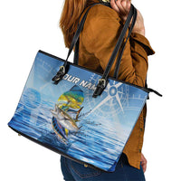 Mahi Mahi and Tuna Fish Leather Tote Bag Fishing Ocean Water Background and Nautical Compass Elements - Wonder Print Shop