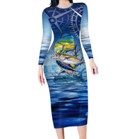 Mahi Mahi and Tuna Fish Long Sleeve Bodycon Dress Fishing Ocean Water Background and Nautical Compass Elements - Wonder Print Shop