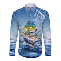 Mahi Mahi and Tuna Fish Long Sleeve Button Shirt Fishing Ocean Water Background and Nautical Compass Elements - Wonder Print Shop