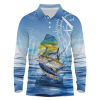 Mahi Mahi and Tuna Fish Long Sleeve Polo Shirt Fishing Ocean Water Background and Nautical Compass Elements - Wonder Print Shop