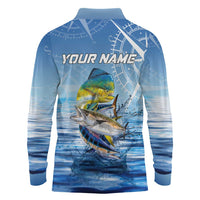Mahi Mahi and Tuna Fish Long Sleeve Polo Shirt Fishing Ocean Water Background and Nautical Compass Elements - Wonder Print Shop