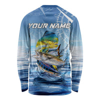 Mahi Mahi and Tuna Fish Long Sleeve Shirt Fishing Ocean Water Background and Nautical Compass Elements - Wonder Print Shop