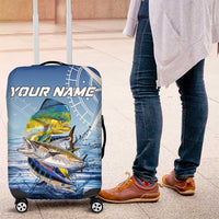 Mahi Mahi and Tuna Fish Luggage Cover Fishing Ocean Water Background and Nautical Compass Elements - Wonder Print Shop