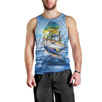 Mahi Mahi and Tuna Fish Men Tank Top Fishing Ocean Water Background and Nautical Compass Elements - Wonder Print Shop