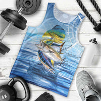 Mahi Mahi and Tuna Fish Men Tank Top Fishing Ocean Water Background and Nautical Compass Elements - Wonder Print Shop