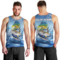 Mahi Mahi and Tuna Fish Men Tank Top Fishing Ocean Water Background and Nautical Compass Elements - Wonder Print Shop