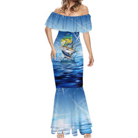 Mahi Mahi and Tuna Fish Mermaid Dress Fishing Ocean Water Background and Nautical Compass Elements - Wonder Print Shop