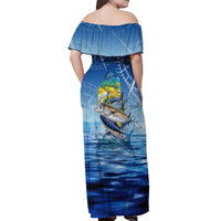 Mahi Mahi and Tuna Fish Off Shoulder Maxi Dress Fishing Ocean Water Background and Nautical Compass Elements - Wonder Print Shop