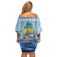 Mahi Mahi and Tuna Fish Off Shoulder Short Dress Fishing Ocean Water Background and Nautical Compass Elements - Wonder Print Shop