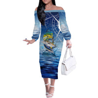 Mahi Mahi and Tuna Fish Off The Shoulder Long Sleeve Dress Fishing Ocean Water Background and Nautical Compass Elements - Wonder Print Shop
