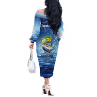 Mahi Mahi and Tuna Fish Off The Shoulder Long Sleeve Dress Fishing Ocean Water Background and Nautical Compass Elements - Wonder Print Shop