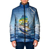 Mahi Mahi and Tuna Fish Padded Jacket Fishing Ocean Water Background and Nautical Compass Elements - Wonder Print Shop
